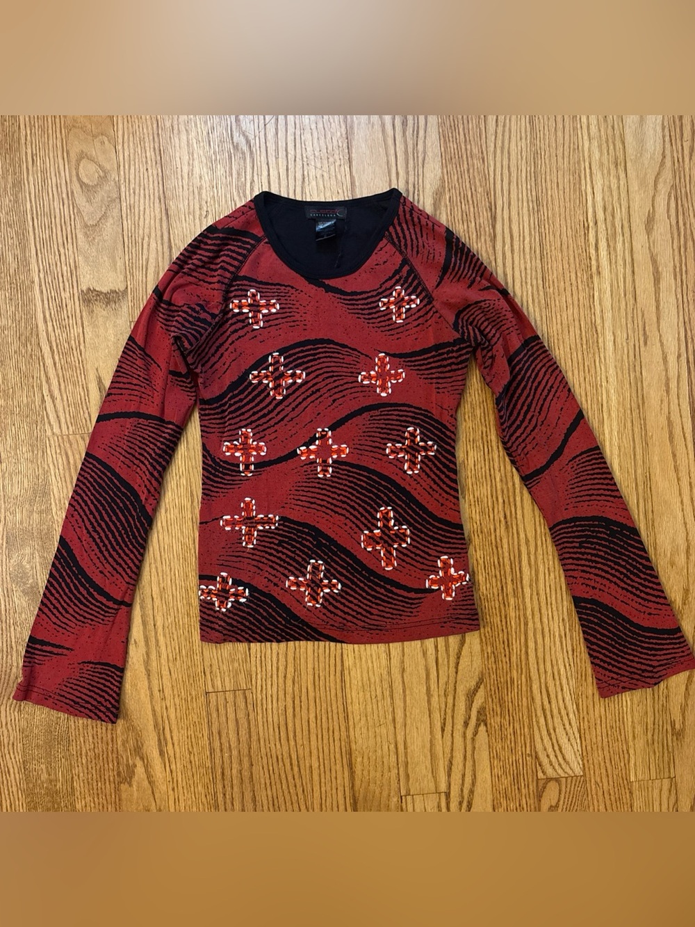 Vtg CUSTO BARCELONA 90s Y2K Pop Art Cross Wave long sleeve top shirt sz 2